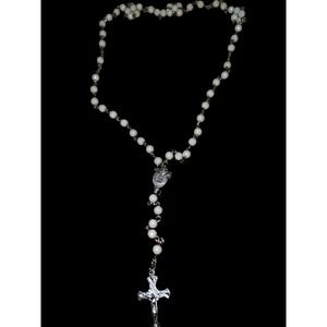 Beautiful vintage long white beaded Catholic rosary with silver cross